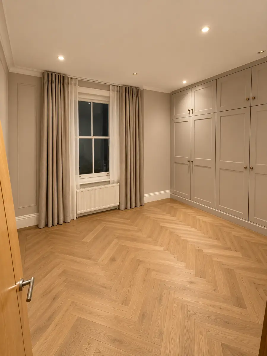 AI design concept of the same bedroom: herringbone oak floor, panelled walls and painted wardrobes